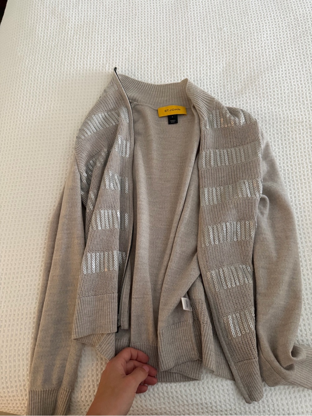 🗽St. John Beige Sequined Open Front Cardigan
